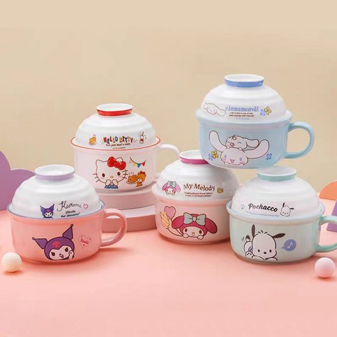 Sorpci 산리오 세라믹 핸들 라면기 면기 컵라면 용기 손잡이 라면 그릇 800ml + 420ml, 1세트, 쿠로미