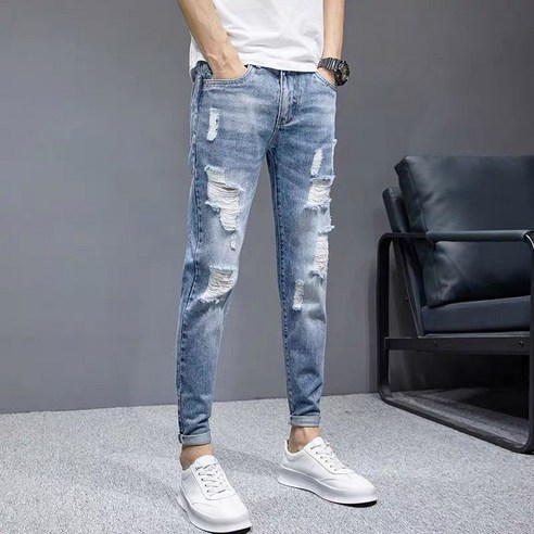 남자 캐주얼 일자 청바지 스판 멀티 포켓 루즈핏 패션 얇은 청바지 남성청바지 Best Top5 11 찢어진 청바지 남성 9부 데미지 데님 팬츠