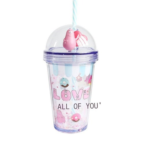 Barbapapa 플라스틱 더블 빨대컵 아이디어 선물 귀엽다 랜덤 컵 물컵 신형, 청색, 320ml