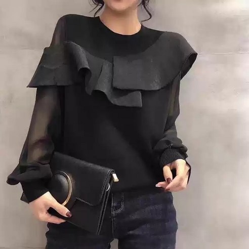특이 우아 사선프릴 시스루소매 간절기 라운드넥 니트블라우스 계절용신상 아나운서 쇼호스트 77