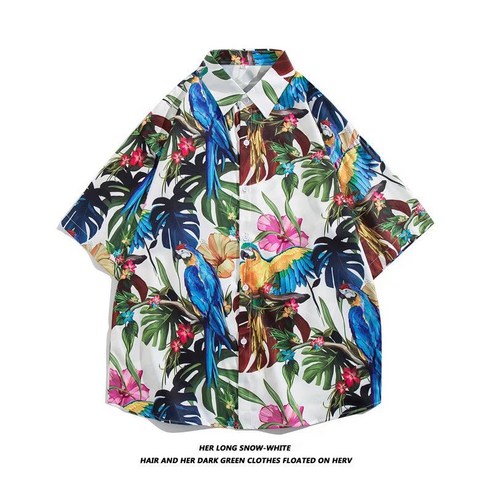 남성용 하와이안 비치 셔츠 한국식 편안한 반팔 셔츠 2114