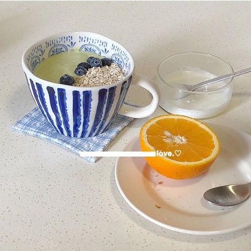 【커피잔】스타일 틈새 우유 아침 컵 세라믹 컵 시리얼 컵 휴대용 불규칙한 레트로 머그잔, 블루