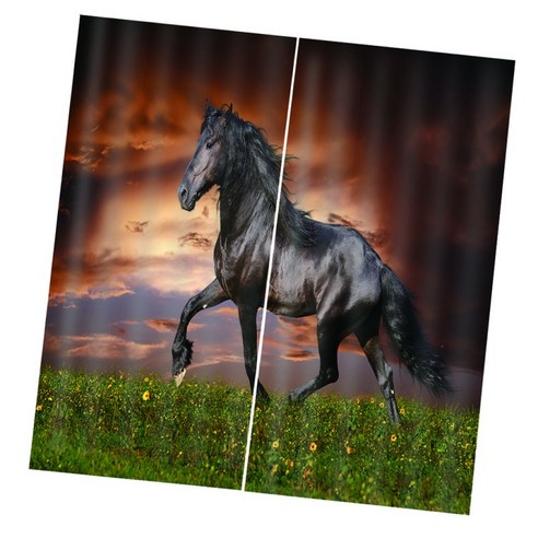3D 동물 효과 커튼 침실 식당 창 드레이프 배경막 2Panel, Horse-75x166cm, 설명