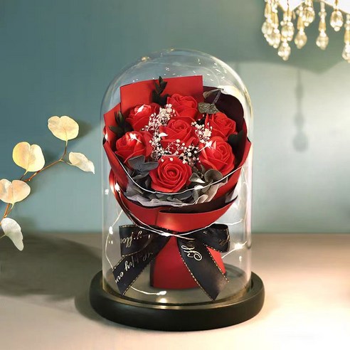 장미 꽃다발 LED 무드등 유리 덮개 장식품 시들지 않는 꽃 조화 꽃다발, 1개, 레드 로즈12x20cm