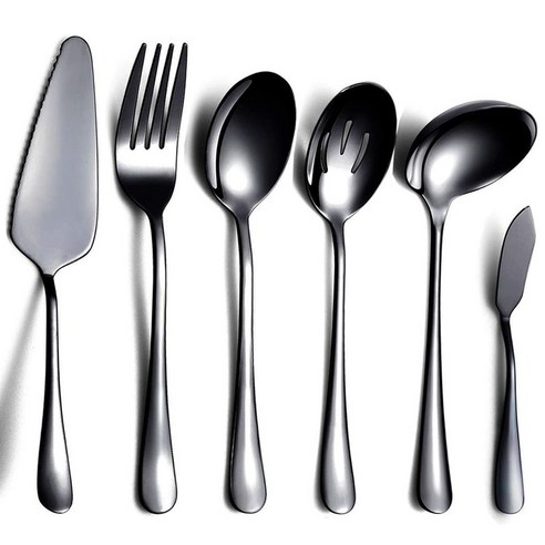 Retemporel 6종 서빙 식기 세트 기구 케이크 서버 포함 홈이 있는 스푼 블랙, 1개, 검은 색