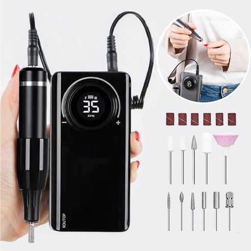Routop 네일 드릴 머신 전기 네일 관리기 젤네일 제거 셀프 손톱케어 0-35000rpm 속도 조절 USB충전식, 흑색