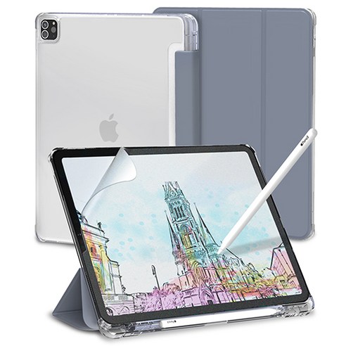 신지모루 클리어 애플펜슬 수납 태블릿PC 케이스 + 종이질감 액정보호 필름 세트, 라벤더 퍼플