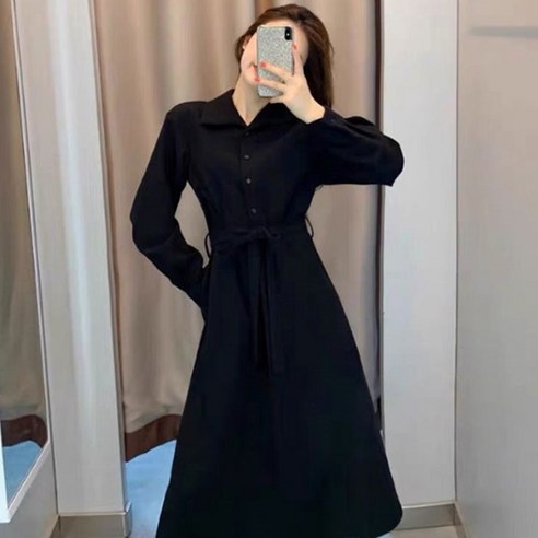 [쿠팡] 여성 허리끈 스트링 블랙 원피스 단추 모던 시크 모임룩 가을 옷