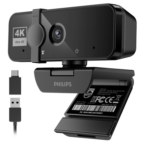 PHILIPS 4K UHD 웹캠 노이즈캔슬링 마이크 내장 PC 화상회의 방송용, BLACK, SPL6418