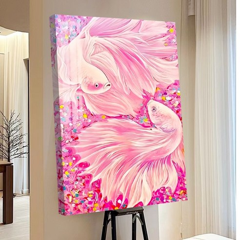 votgl 보석십자수 캔버스형 DIY 액자형 풍경 인물 꽃식물50x40cm, 032잉어, 1개