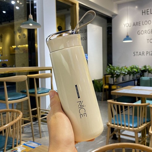 하이 엔드 남성과 여성의 스테인레스 스틸 보온병 커플 간단한 한국어 휴대용 차 컵 학생 자동차 선물 컵, 화이트400Ml+컵브러시, 하나