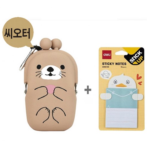 피지디자인 실리콘 파우치(정품) 포치비 아쿠아 주+델리 접착 메모지 세트(선물용), 아쿠아 주 씨오터1개+접착메모지 오리1개 세트