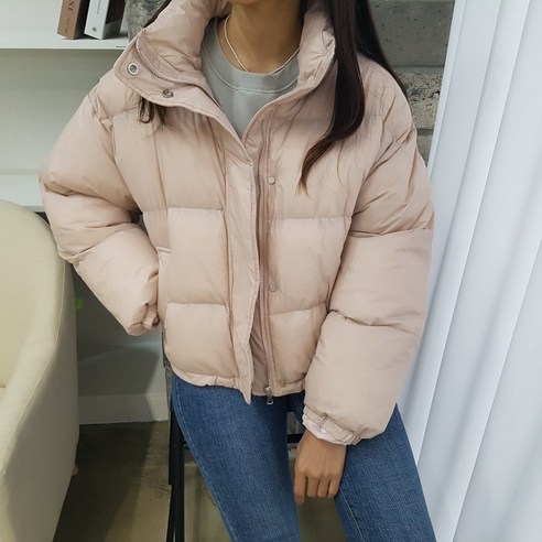 검회백스타일 여성용 캐스퍼 스트링 숏 패딩 솜 충전제 베이직 아우터 기본핏 하이넥 밑단 스트링 포인트 겨울 점퍼