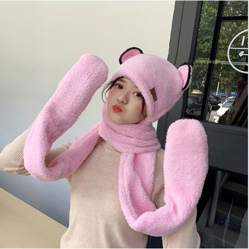 곰돌이목도리 Warm Adult Bear Cute Autumn Winter Plush Hat Scarf Gloves One Three Piece Set Girl Fashio