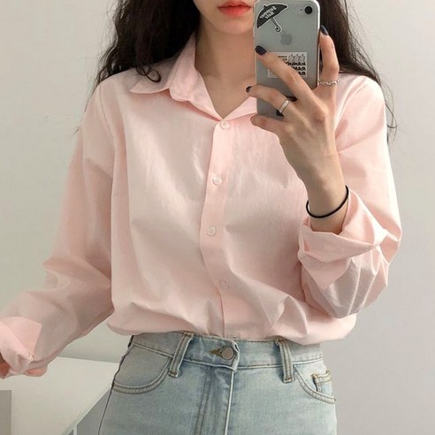 여성 데일리 루즈핏 솔리드 긴팔 셔츠