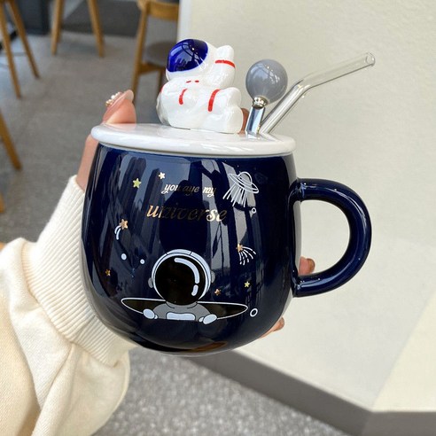 DFMEI 뚜껑 숟가락 우주 비행사 세라믹 컵 북유럽 남성과 여성 우유 커피 컵 크리 에이 티브 별이 빛나는 머그잔, DFMEI 우주 비행사 라이트 플라잉 가짜 [숟가락+빨