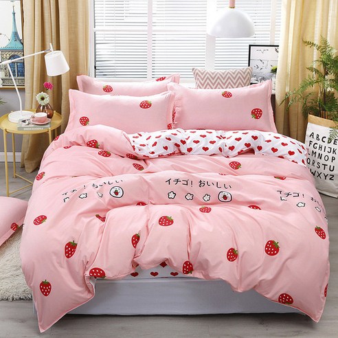 핑크색 호피 무늬 이불커버 세트이불커버 1p + 침대시트 1p + 베개커버 2p/1p, 딸기