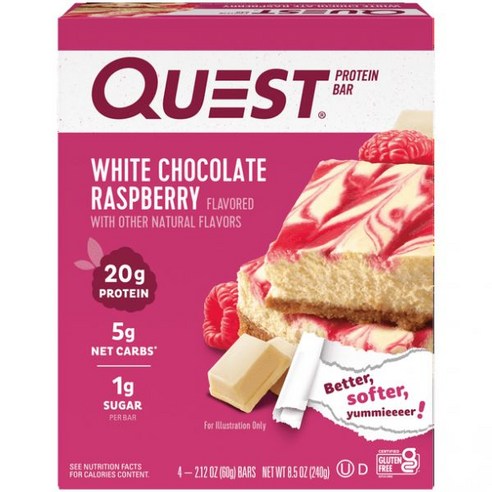 Quest Nutrition 퀘스트 단백질 바 화이트 초콜릿 라즈베리 20g 단백질 글루텐 프리 4Ct, Single