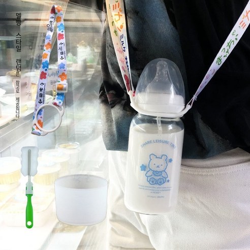 한국어 스타일 귀여운 컵 졸업 짚 성인 크리 에이 티브 유리 컵 여학생 젖꼭지 컵 휴대용 컵, 380ml블루곰스케일300_옵션2