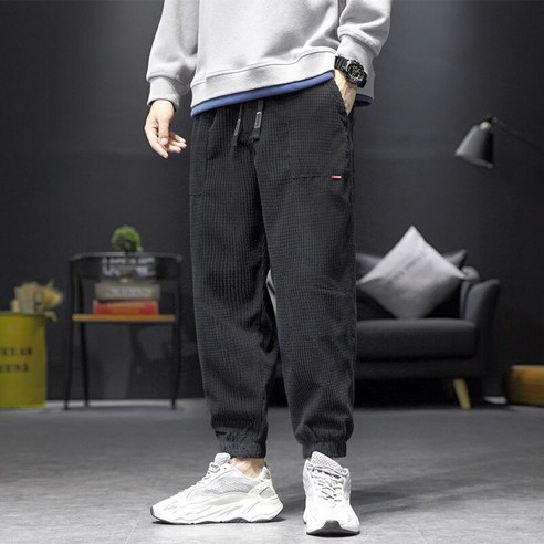 F&A 겨울 Hybskr 2021 가을 코듀로이 남성 9 번 바지 솔리드 컬러 루스 하렘 바지 빈티지 패션 남성 바지 신축성 허리 5XL 11f