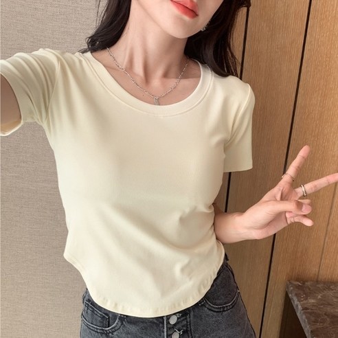 여름 쿨하게 입기 좋은 라운드 넥 슬림핏 티셔츠, 여나사 코튼 소재, 유럽 스타일 반팔 상의 파슨스블라우스