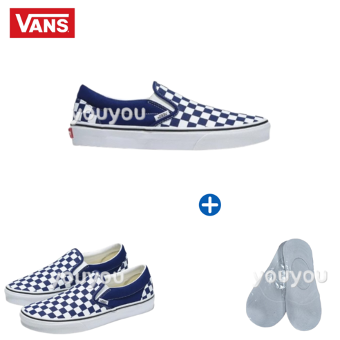 [YUYU] Vans 반스 체크 무늬 슬립온 – 블루 컬러 + 페이크삭스 1P 반스하리보
