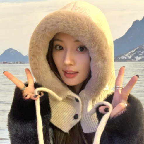 누샤 니트 도톰한 바라클라바 방한 후드 따뜻한 넥워머, 베이지색, 1개