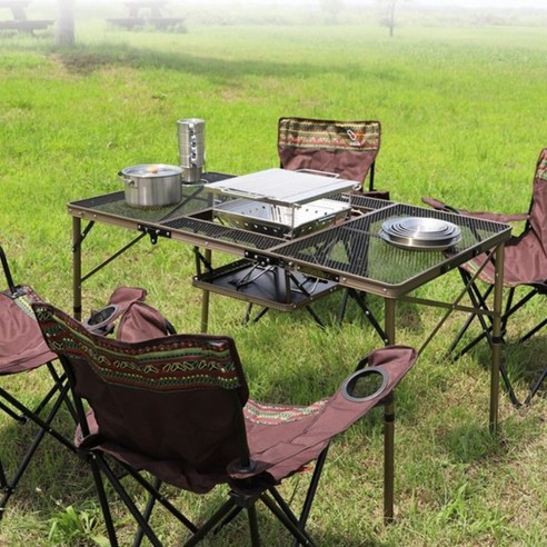 cuscuz 접이식야외테이블 휴대용테이블 캠핑화로테이블 2단 3단 높이조절 샴페인골드색상, 아이언메쉬 3단 화로대 테이블