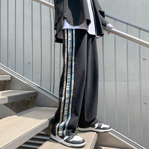 청바지 성와이드사이드체크슬레이트일자 블랙트래치팬츠