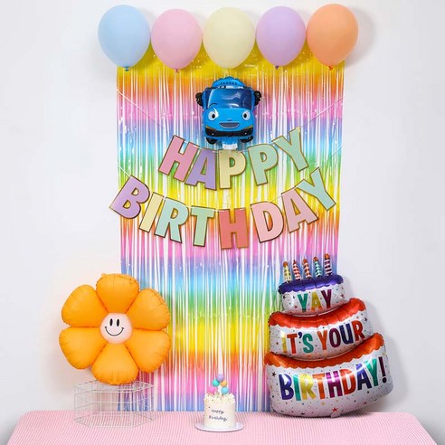 [피앤비유니티]스마일데이지 풍선스탠드 생일장식커튼세트 펌프포함, 1세트, 14)타요기본형마카롱커튼세트