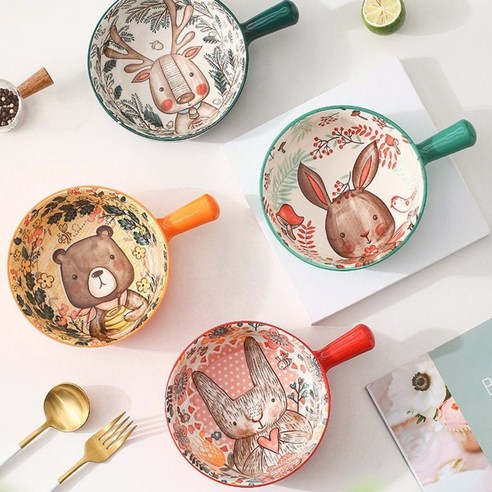 북유럽 세라믹 그릇 손잡이 아침 식사 국수 과일 숲 동물 디자인 디저트 수프 R7UA, Brown bear