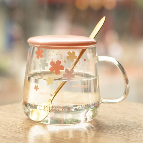 귀여운 가장 친한 친구 마시는 컵 간단한 신선한 대용량 컵 홈 커버 벚꽃 유리, [유리 뚜껑 용 스틸 스푼]], "벚꽃 스케일" 450ML