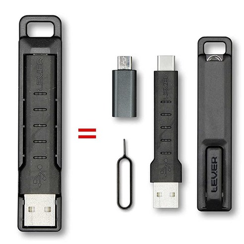 Lever Gear CableKit - 안드로이드 폰용 키체인 USB C 케이블 키트 - 마이크로 USB 어댑터 짧은 USB C 케이블 휴대용 케이스 및 SIM 도구 포함. 작, Micro-B 어댑터