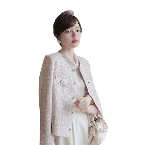 ANKRIC 빅사이즈코트 재킷 여성 가을 겨울 여성 의류 패션 트위드 짧은 재킷 흰색