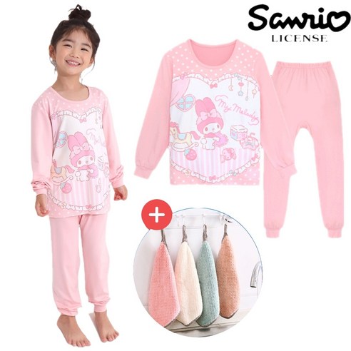 (고리수건 선물) 산리오 마이멜로디 여아 어린이 쁘띠 피치 기모 9부 내의 내복