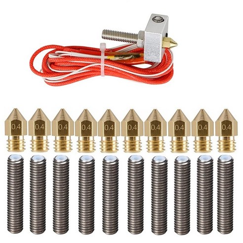 Retemporel MK8 압출 헤드 키트 3D 프린터 압출기 핫 엔드 10개 12V 0.4mm 노즐 및 M6 스로트 튜브 포함, 그림이 보여 주듯이