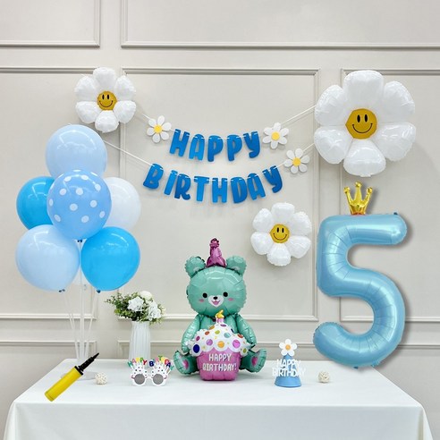 연지마켓 데이지 곰돌이 생일 파티 숫자 풍선 가랜드 세트, 5, 1세트, 베어 블루 5