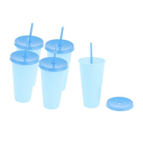 720ml 색상 변경 컵 플라스틱 냉수 빨대 컵, 푸른, 6.81x3.85x2.36 인치