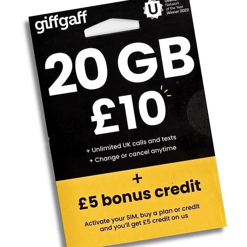 Giffgaff GiffGaff 영국 및 유럽 방문용 PAYG SIM 카드 5£보너스 포함 미국에서 활성화 무제한 SMS/통화 12GB 데이터의 경우 12£