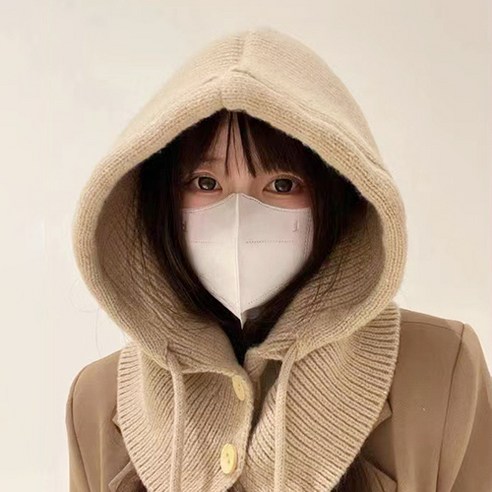 르미나인 단추 니트 방한 남여공용 패션 바라클라바, 베이지