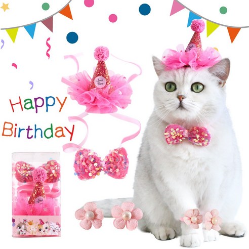 달달멍멍 강아지 고양이 스팽글 파티 생일 모자+ 목걸이 3종세트, 핑크3종세트