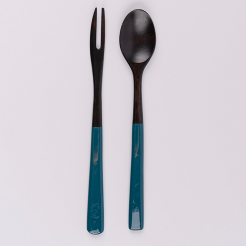 아이하시 옻칠 커트러리 다과용 티스푼 티포크, 피콕블루, 1세트