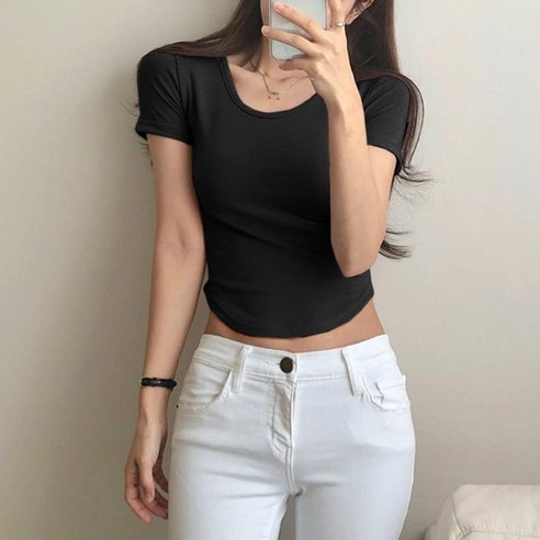 여성용 베이직 반팔 티셔츠, 스펙 유넥, 밑단 굴림, 무지 패턴, 라운드 카라, 크롭 된 티셔츠 세미크롭티 여성용 베이직 반팔 티셔츠, 스펙 유넥, 밑단 굴림, 무지 패턴, 라운드 카라, 크롭 된 티셔츠 세미크롭티