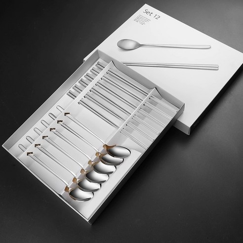 Keyiyijia 304 스테인리스 스틸 실버 숟가락 6개입 + 정사각형 젓가락, 숟가락 + 젓가락, 1개