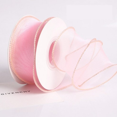 일상채움 오간자 오간디 쉬폰 리본 포장 40mm 9미터 2p, 9m, 금박 핑크