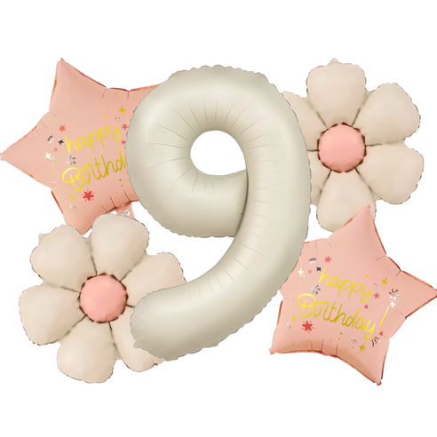 파파 파티 크림 데이지 대형 숫자 기념일 생일 풍선 세트, 1세트, 크림 9 + 데이지 2p + 별 2p