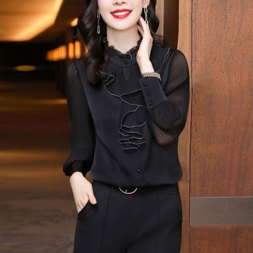 플리츠 롱 블라우스 반팔 주름 반 높이 칼라 기질 단추 러플 넥 쉬폰 셔츠 가을