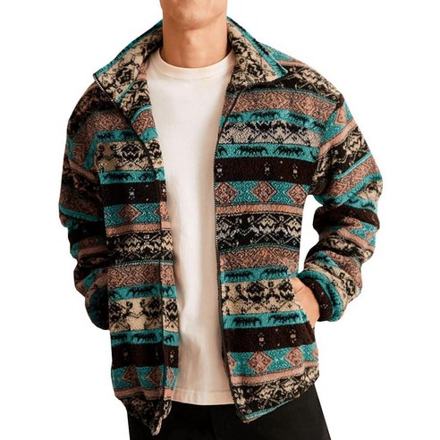 Runcati Mens Aztec Fuzzy Sherpa Fleece Jackets Casual Full Zip Up Printed Coat Soft Fall Winter Outw