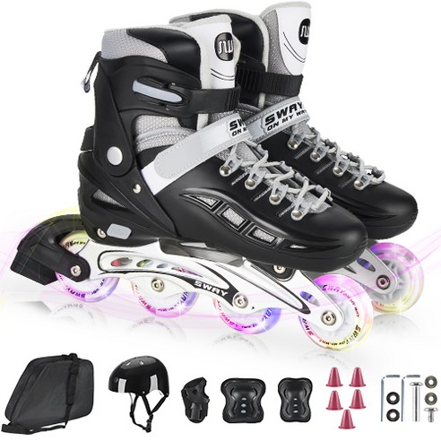 블랙 조절 가능한 인라인 스케이트 세트 – 아동 및 성인용, 헬멧 및 보호대 포함 
킥보드/스케이트