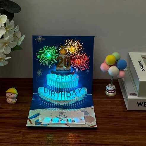 LED 불꽃 3D 입체밥업 가드 생일축하카드 멜로디 팝업 입체카드, 1개 카드/엽서/봉투